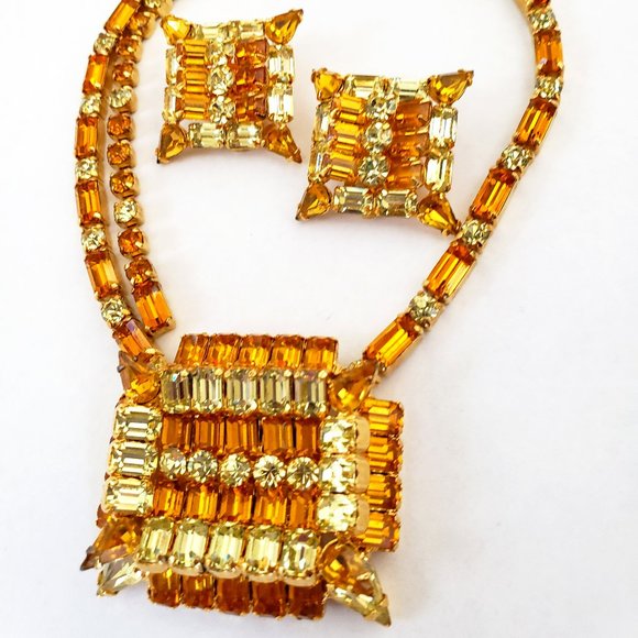 Vintage KRAMER OF NEW YORK Art Deco Yellow Orange Rhinestone Necklace Earrings - Picture 13 of 14
